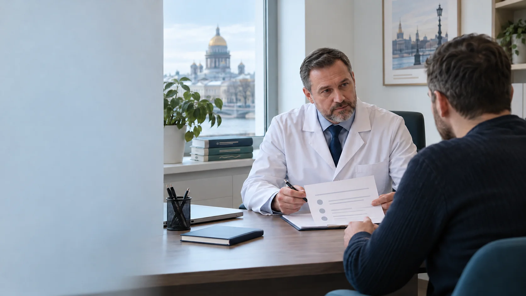 Психиатр-нарколог обсуждает с пациентом медицинскую помощь при опиоидной зависимости